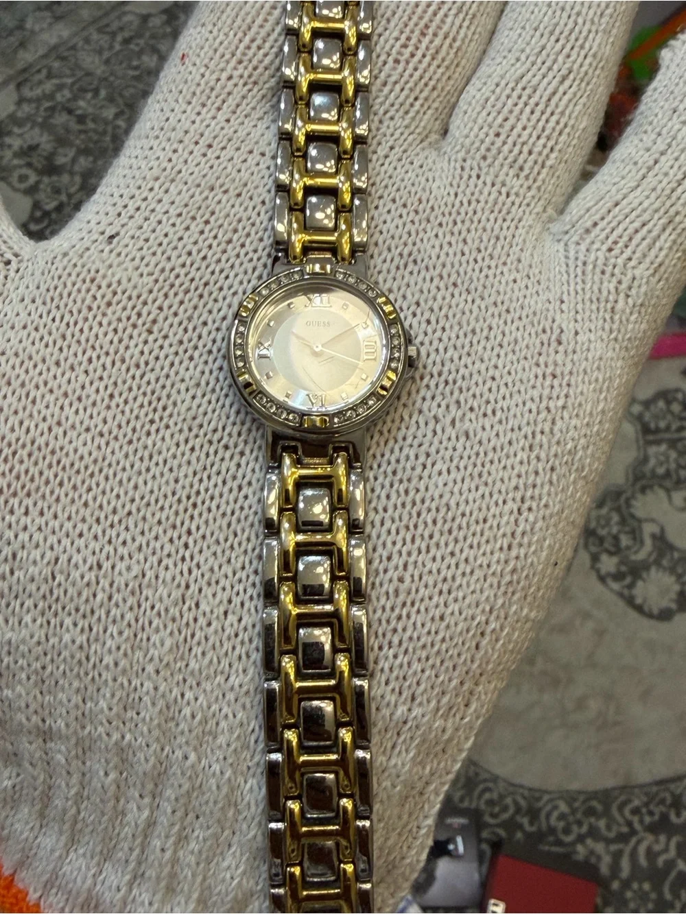Guess Women's Two-Tone Crystal Bezel Watch Silver Dial Roman Numerals G75479L